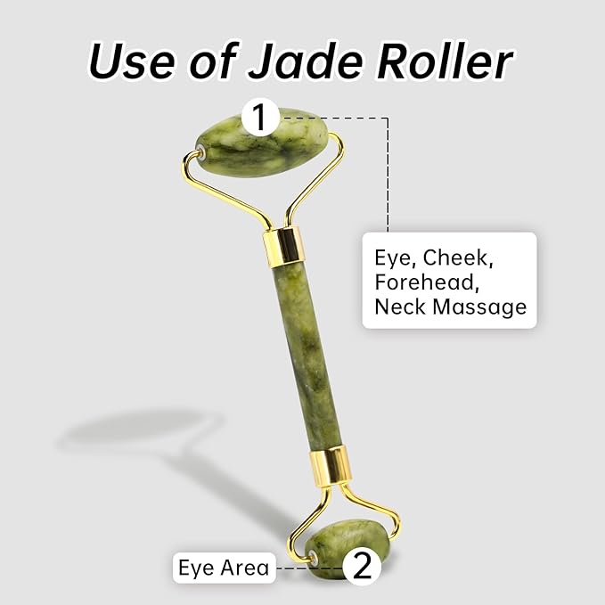 Jade Gua Sha and Face Roller, Real Jade Gua-Sha Stone Facial Tools Set for Reduce Puffiness, Body Guasha Tool for Relieve Neck Tension, Skincare Beauty Massager as Present for Women, Green