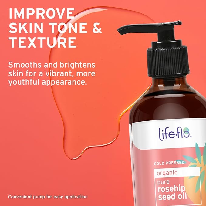 LIFE-FLO Pure Organic Rosehip Seed Oil, Hydrating Face Oil, Dry Skin Care, Cold Pressed from Organic Rose Hips, Rich in Fatty Acids and Vitamin A (Retinol), Hypoallergenic, 60-Day Guarantee, 4oz
