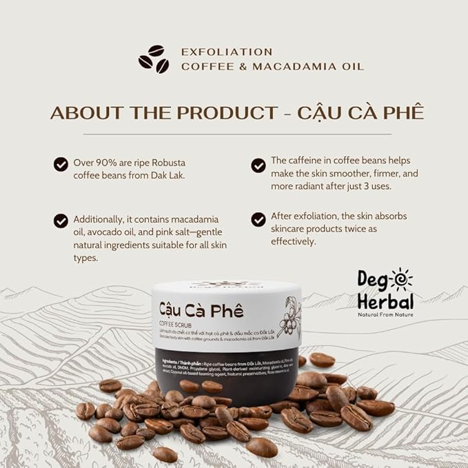 Coffee Body Scrub with Dak Lak Ripe Coffee, Macadamia Oil, Himalayan Salt, Aloe Vera & Pink Grapefruit Essential Oil – Exfoliating & Moisturizing for Smooth, Radiant Skin (8.8 fl oz)