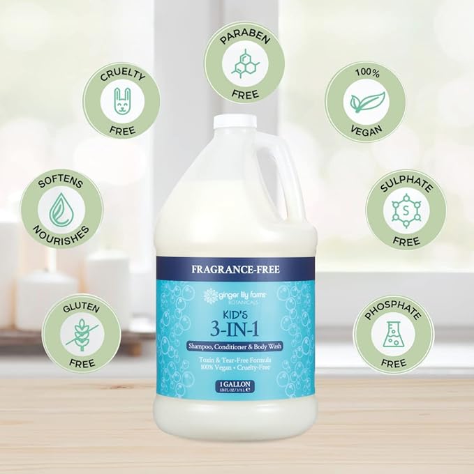 Ginger Lily Farms Botanicals Kid's 3-in-1 Shampoo, Conditioner & Body Wash, Tear-Free Formula, 100% Vegan & Cruelty-Free, Fragrance-Free, 1 Gallon (128 fl oz) Refill
