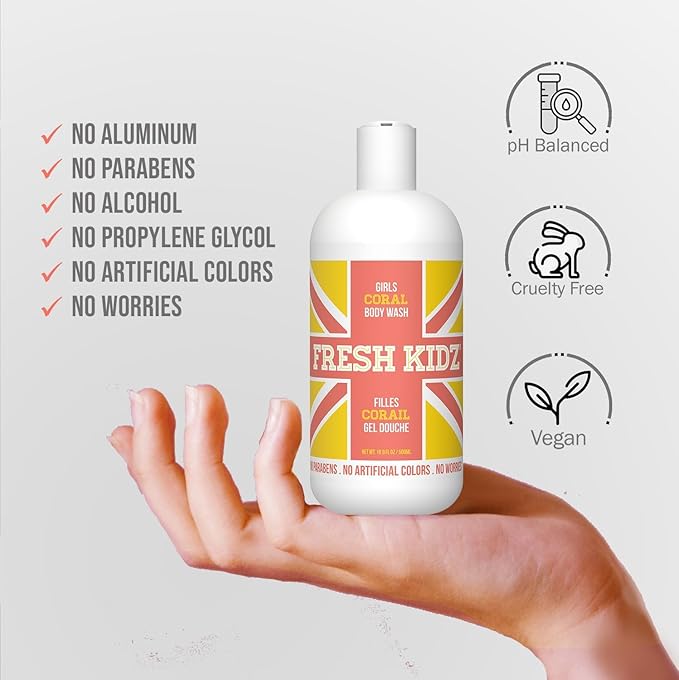 Fresh Kidz Body Wash 16.9 fl.oz. and 2 Roll-On Deodorants 1.86 fl.oz. for Kids and Teens - Girls Coral Set