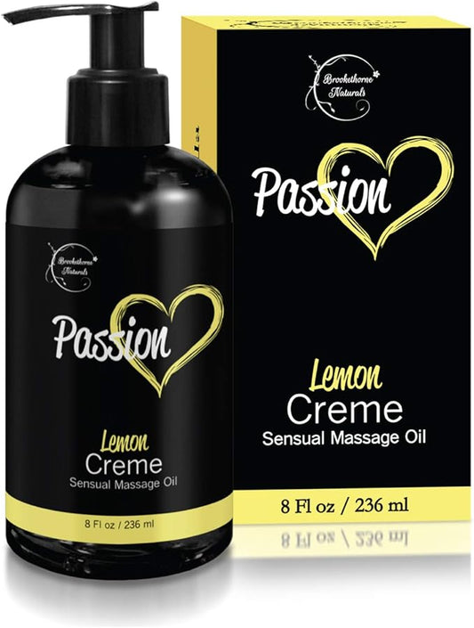 Passion Sensual Massage Oil for Date Night | 100% Natural Body Oil for Couples with Jojoba & Almond | Aromatherapy & Relaxing Massage Therapy | Perfect Glide & Smooth Skin | Lemon Crème Scent