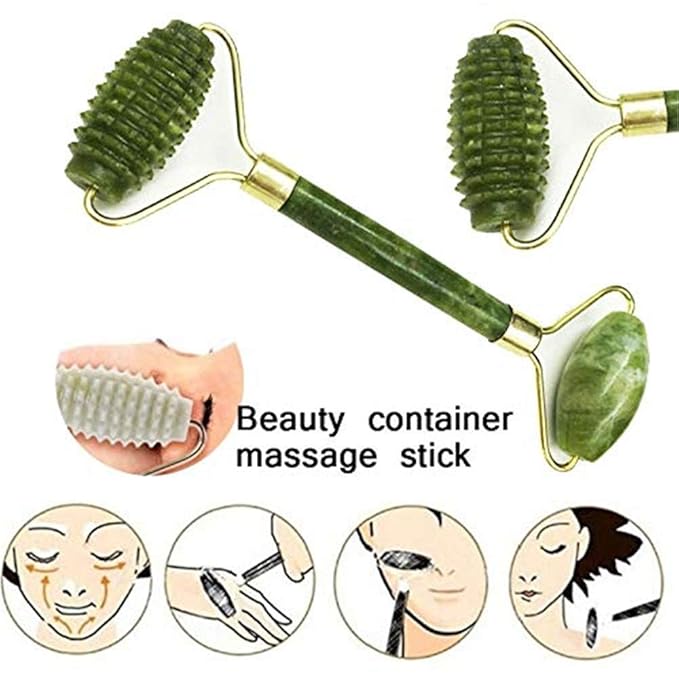 Emerald Facial Roller Massager Anti-wrinkle and relieve edema, facial ridged roller natural Xiuyan jade rejuvenates the skin (green)