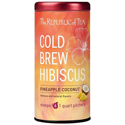 The Republic of Tea – Cold Brew Hibiscus Pineapple Coconut Iced Tea, Large Herbal Iced Tea Pouches, Steeps Six One-Quart Pitchers