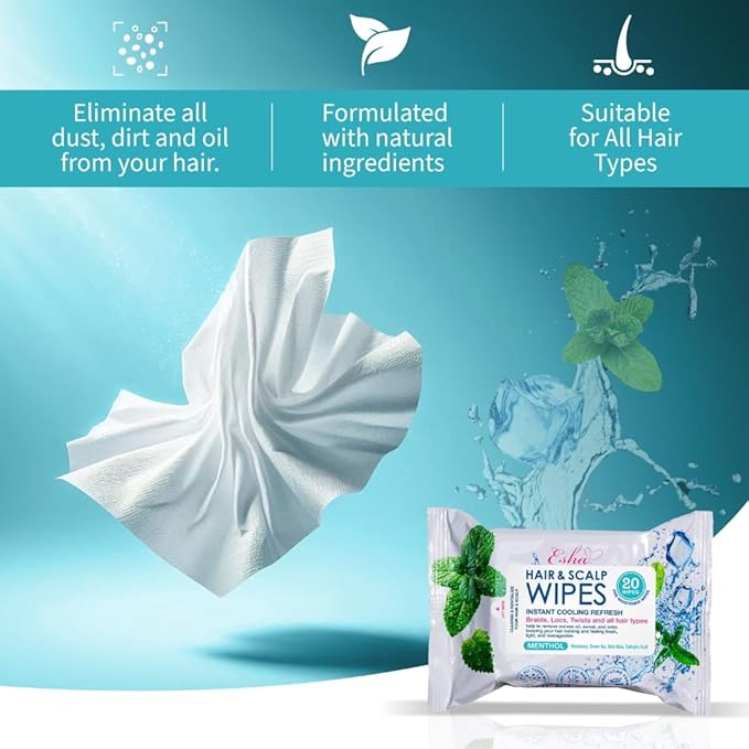 ESHA Hair & Scalp Wipes: Instant Cooling Refresh for Braids, Locs, Twists & All Hair Types - Stay Cool, Stylish, and Confident