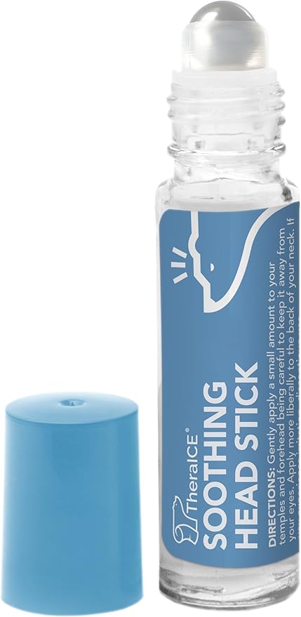 TheraICE Rx Soothing Head Stick 10 ml (.33-Oz) Essential Oil Roll on Aromatherapy: Peppermint, Spearmint, Lavender, Chamomile, Rosemary, Eucalyptus. Metal Roller. USA Made