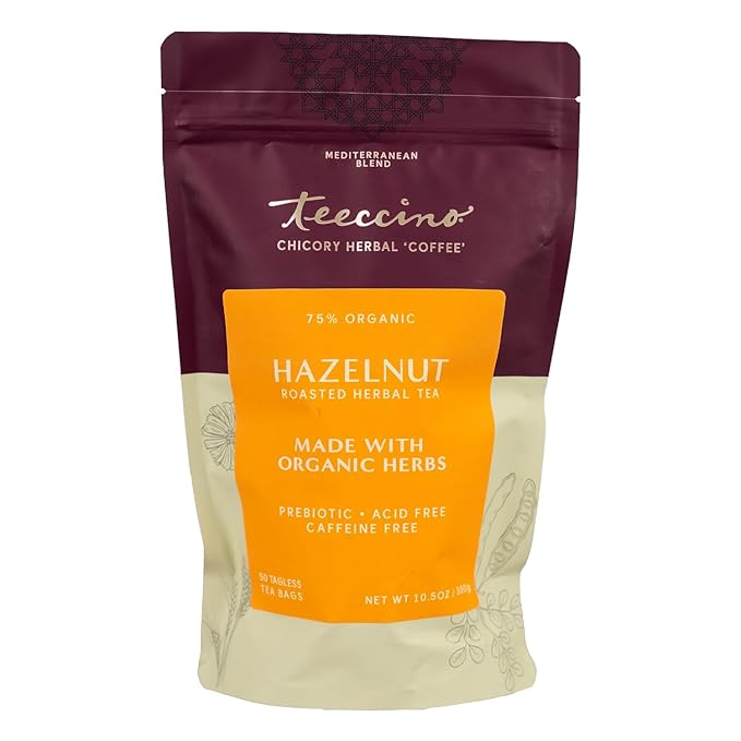 Teeccino Hazelnut Roasted Herbal Tea - Caffeine Free, Prebiotic, 3x More Herbs - 50 Tagless Eco-Friendly Tea Bags