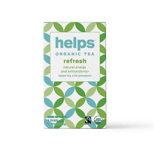 HELPS TEAS | Helps Refresh | Organic Green Tea with Spearmint. Natural Energy, Antioxidant, Thermogenic Herbal Tea| 16 Tea Bags |
