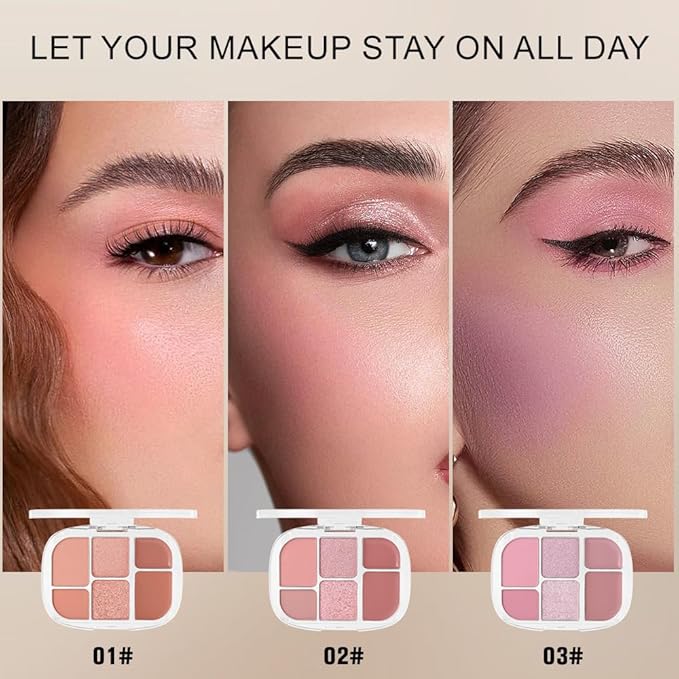 6-in-1 Cream & Powder Makeup Palette – Blush Highlighter & Eyeshadow, Matte & Shimmer Nude Tones, Travel-Friendly Compact for Daily & Travel Use 01