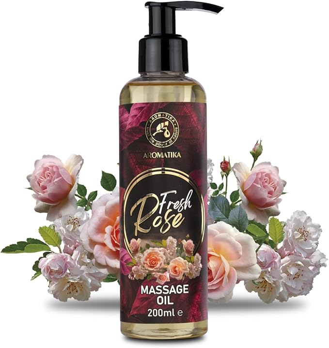 Massage Oil Rose 6.8 Fl Oz (200ml) - Body Oil with Rosewood - Jojoba - Almond - Grapeseed - Peach Kernel Oils & Rose Extract - Aromatherapy Massage Oil - Rose Oil - Good Sleep - Foot Care