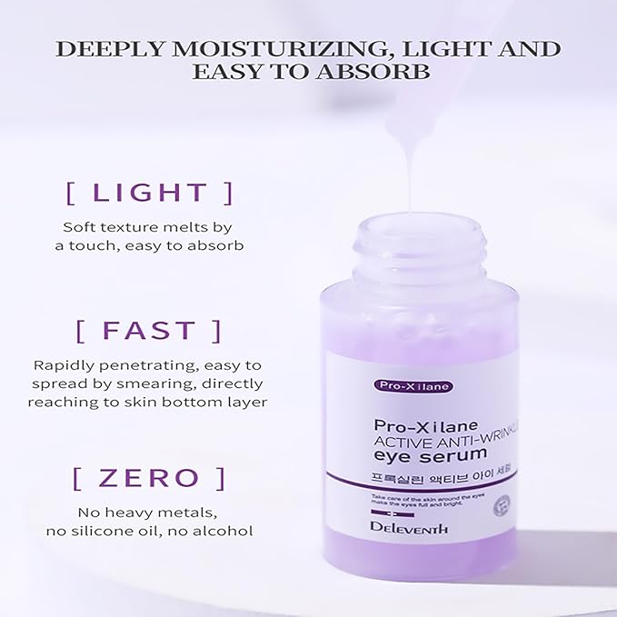 DEleventh Korean Brand Pro-Xilane Active Anti-Wrinkle Eye Serum 30ml / Anti-Aging, Reduces Puffiness, Dark Circles, & Firms Skin, Hydrating, Brightening, and Revitalizing Formula for Youthful Eyes