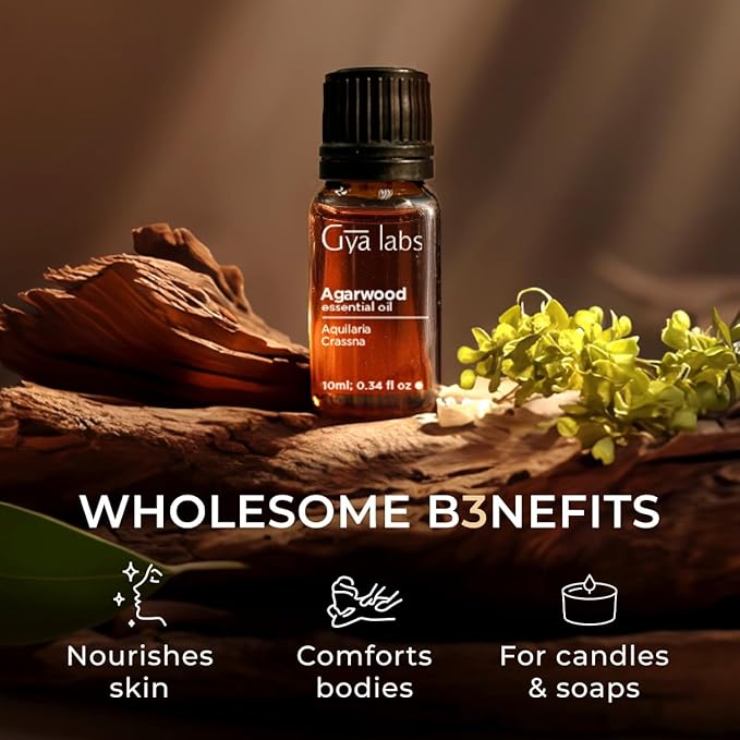 Gya Labs Agarwood Essential Oils for Diffusers - 0.34 Fl Oz - 100% Pure Natural Agarwood Oils for Skin, Massage Candle Making & DIY - Warm & Ambery Scent