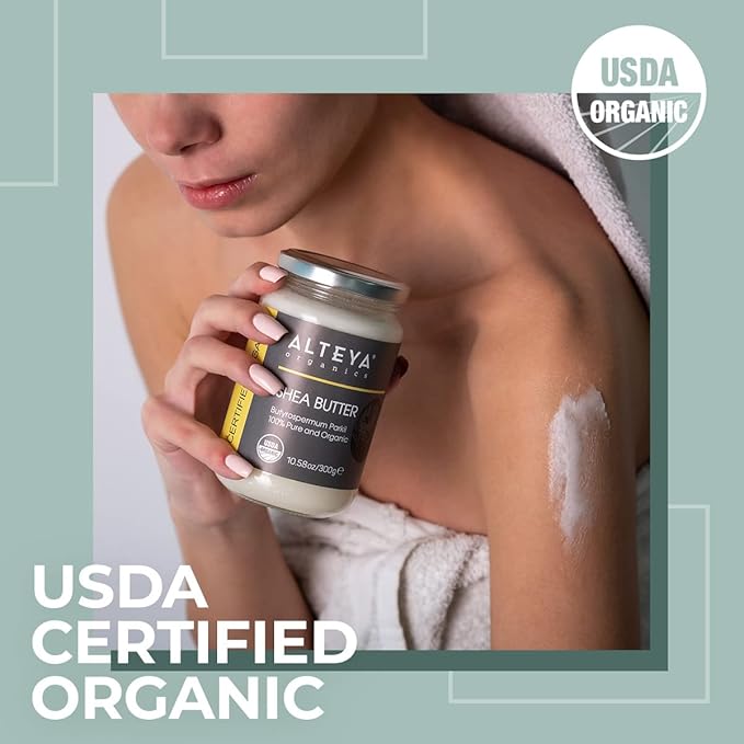 Alteya Organics Pure Shea Butter 10.58fl oz/300g Glass Jar- 100% USDA Certified Organic Pure Shea Butter (Butyrospermum Parkii)