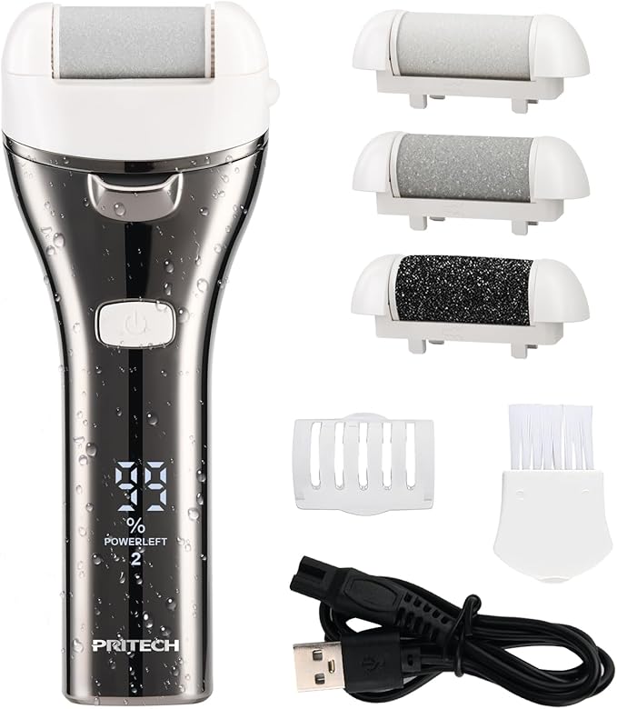 Electric Foot Callus Remover, Rechargeable Portable Electronic Foot File Pedicure Kits, 3 Roller Heads, 3 Speed, Battery Display for Remove Cracked Heels Calluses and Dead Skin Ideal Gift