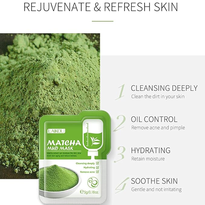 Matcha Green Tea Face Mask, 12 Pcs, Deep Cleansing & Moisturizing Clay Mud Mask for Acne, Blackheads, Pore Remove, Skin-Friendly