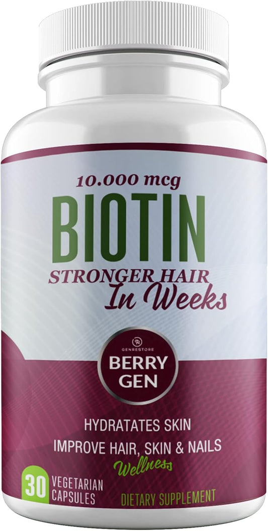 Berry Gen Biotin Supplement 10000 mcg Vegetarian Capsules - Support Hair Health & Growth, Help Heal Skin & Reduce Wrinkles and Moisturize Skin, Hair, and Nails - 30 Count (1)