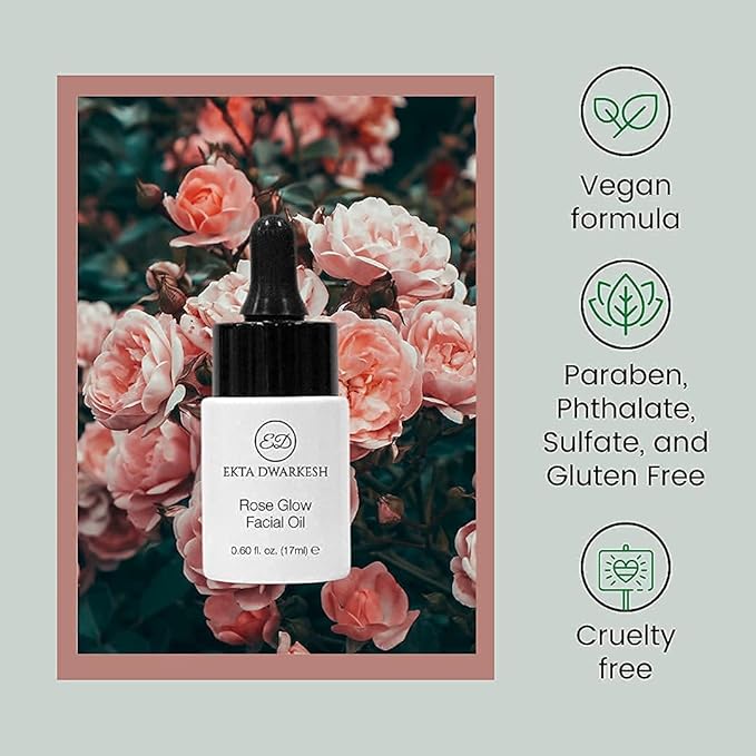 Rose Glow Facial Oil (with Rose extracts, Jojoba oil and vitamin E) Hydrates & Provides Antioxidant Benefits (0.60 fl. oz.) Vegan and Cruelty Free