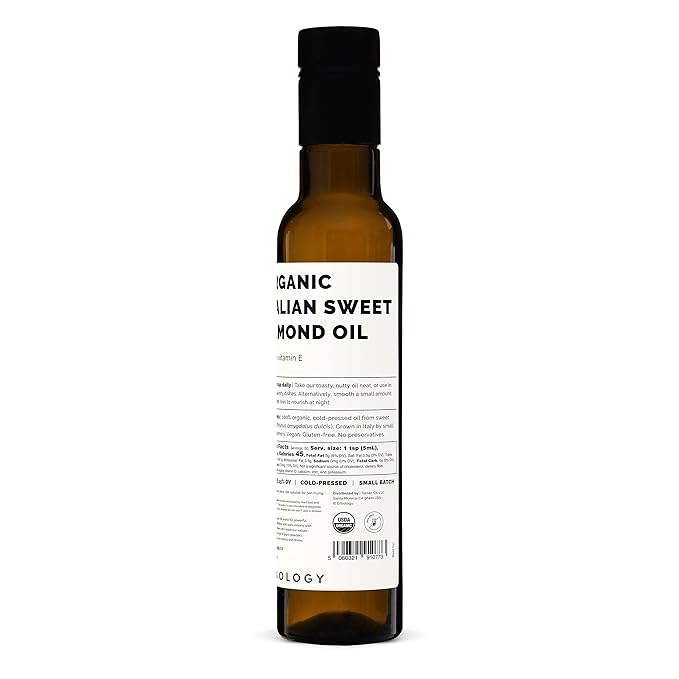 100% Organic Sweet Almond Oil 250ml - Cold-Pressed - Rich in Skin-Nourishing Vitamin E - Straight from Farm in Italy - Non-GMO - No Additives or Preservatives - Recyclable Glass Bottle