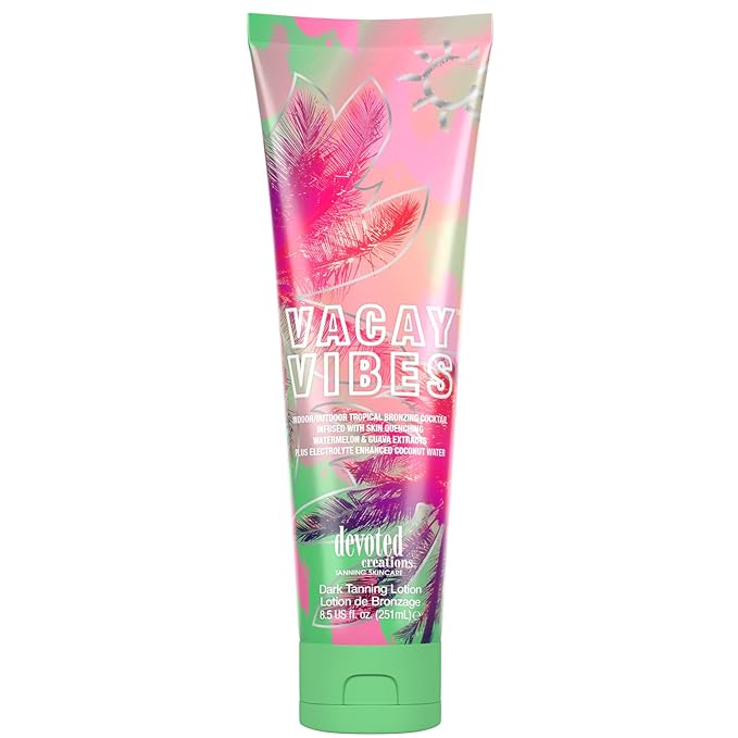 Devoted Creations Vacay Vibes Tanning Lotion – Indoor/Outdoor Tropical Bronzing Cocktail Infused with Skin Quenching Watermelon and Guava Extracts, plus Electrolyte Enhanced Coconut Water – 8.5 oz.