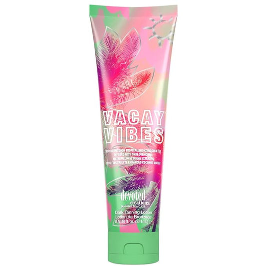 Devoted Creations Vacay Vibes Tanning Lotion – Indoor/Outdoor Tropical Bronzing Cocktail Infused with Skin Quenching Watermelon and Guava Extracts, plus Electrolyte Enhanced Coconut Water – 8.5 oz.