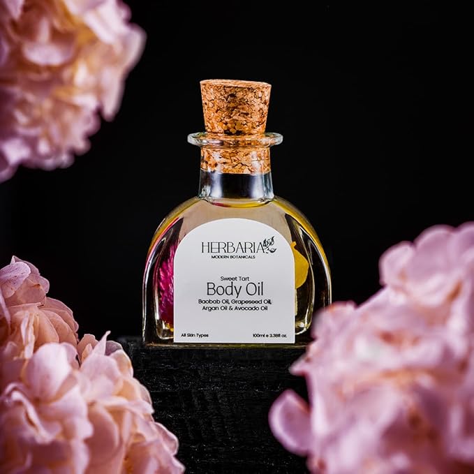 Herbaria Body Oil - Sweet Tart (3.38 fl oz) | Luxurious Body Oil - ALL SEASON | 100% Vegan Enriched With Grapeseed Oil, Pomegranate Oil, Avocado Oil, Argan Oil, Baobab Oil | 100% Sustainable