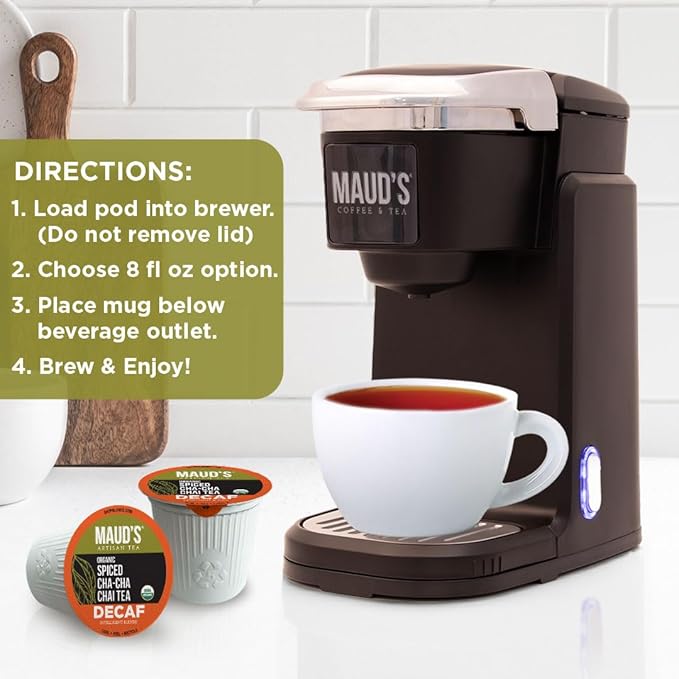 Maud's Organic Decaf Chai Tea Pods, 24 ct, Recyclable Single Serve Tea Pods – 100% Gourmet Blended Tea Leaves, Compatible with Keurig K Cups Maker