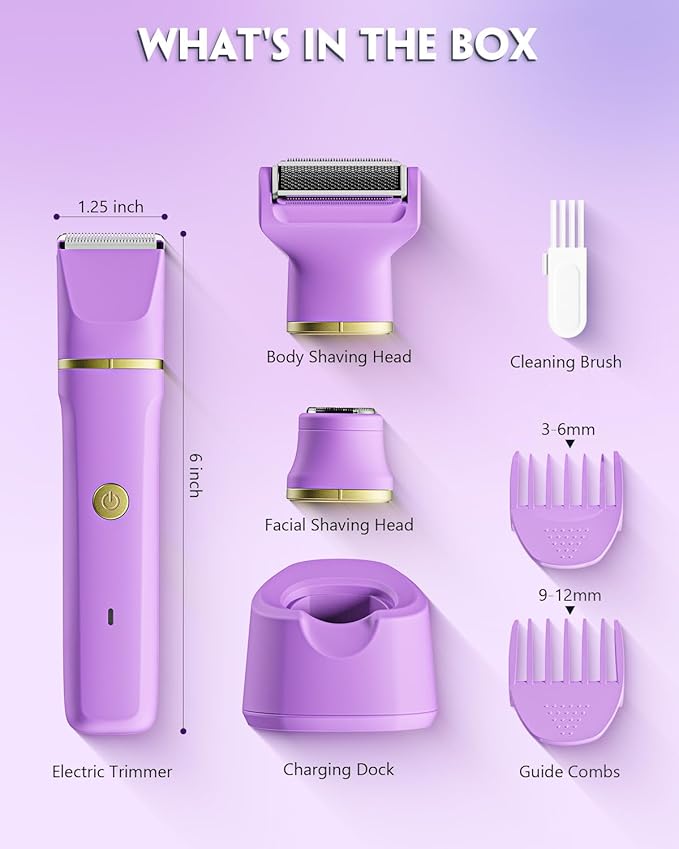 Bikini Trimmer 3 in 1 Electric Razor for Women - IPX7 Waterproof Wet & Dry Body Shaver, Pubic & Facial Hair Remover with Ceramic Blade, USB Rechargeable Dock & Gift Ready