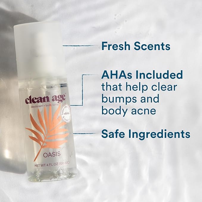 Aluminum Free Deodorant & Body Spray for Whole Body - Oasis 4oz - Clean Deodorant and Body Spray for Teen Boys and Girls - With AHA Fights Body Acne-Formula Specific Body Spray for Teens