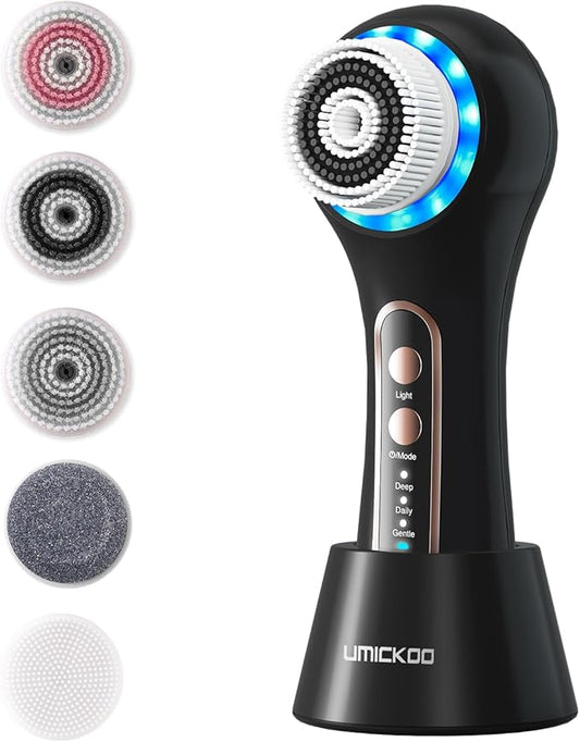 Face Scrubber Exfoliator,Facial Cleansing Brushes Rechargeable IPX7 Waterproof with 5 Brush Heads,Electric Face Spin Brush for Exfoliating, Massaging and Deep Cleansing (Black+Gold)