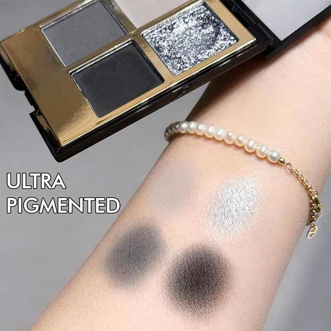 4 Colors Eyeshadow Makeup Palette,Black Gray Highly Pigmented Natural Neutral Nude Smoke Eye Shadow Palette with Mirror,Long Lasting Naturing-Looking,Waterproof,Blendable,Travel Size