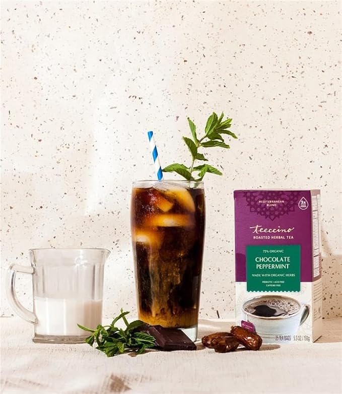 Teeccino Chocolate Peppermint Herbal Tea - Enjoy Hot or Iced Tea with Cooling Peppermint, Cocoa & Chicory, Prebiotic, Caffeine Free, Acid Free, 25 Tea Bags