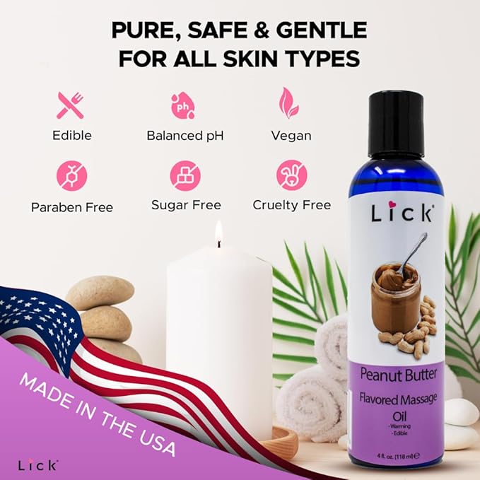 Lick Peanut Butter Flavored Massage Oil with Vitamin E, Coconut, Sweet Almond Oil for Lovemaking, Date Night, Nuru Yoni Massage Therapy, Safe & Edible 4 oz