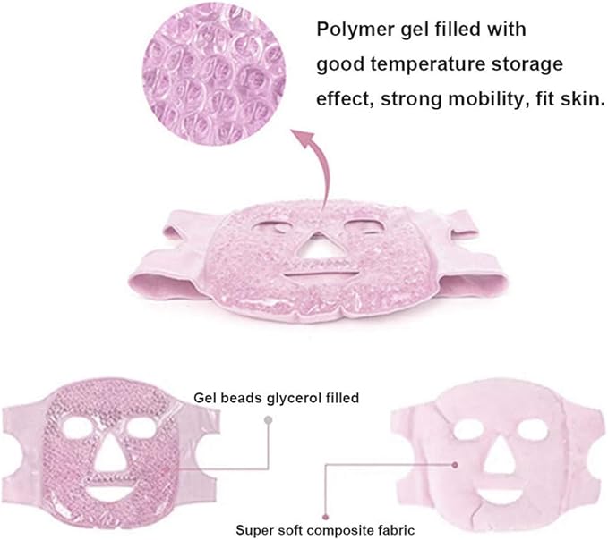 Hot and Cold Face Mask, Flexible Full Face Gel Ice Pad, Reusable Spa Compress Facial Pack for Migraine Relief, Puffy Eyes & Relaxation, Sleeping Face Mask, Pink