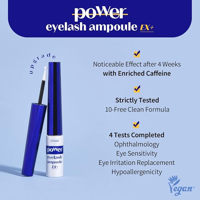 ETUDE Power Eyelash Ampoule 1+1 Set, Lash and Brow Treatment, Caffeine-Infused, Ultra Slim Tip, Lash Booster, Korean Makeup, Beauty (1.31 Fl Oz)