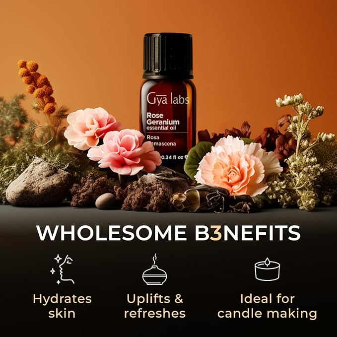 Gya Labs Rose Geranium Essential Oil for Skin - 0.34 Fl Oz - 100% Pure Natural Rose Geranium Oil for Diffuser, Aromatherapy Self-Care & Candle Making - Freshly Floral Scent
