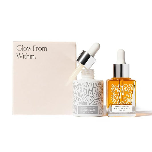 Naked & Thriving Super Glow Duo | Illuminate BC+ Serum (30 mL) + Rejuvenate Restorative Face Oil (35 mL) with Argan Oil, Sea Buckthorn Oil, Bakuchiol and Vitamin C (Set of 2)