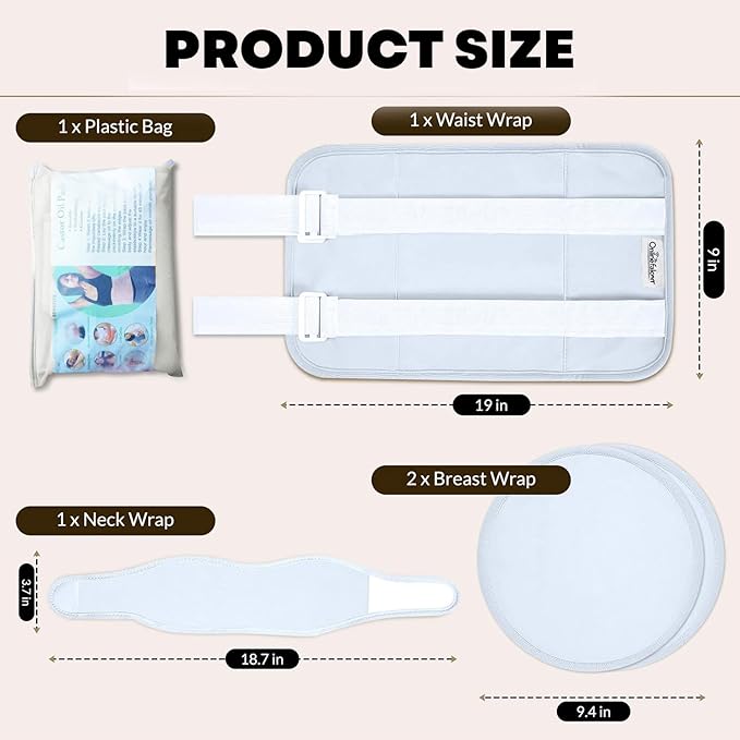 Castor Oil Pack Wrap Kit, 4 Pcs Organic Cotton, Adjustable Strap for Neck, Waist, Chest, Knee, Reusable, Washable - Detox, Constipation, Inflammation