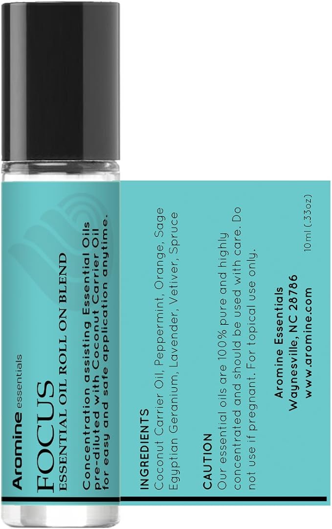 Focus Essential Oil Roll On, Pre-Diluted 10ml (1/3 fl oz), Great Studying Essentials