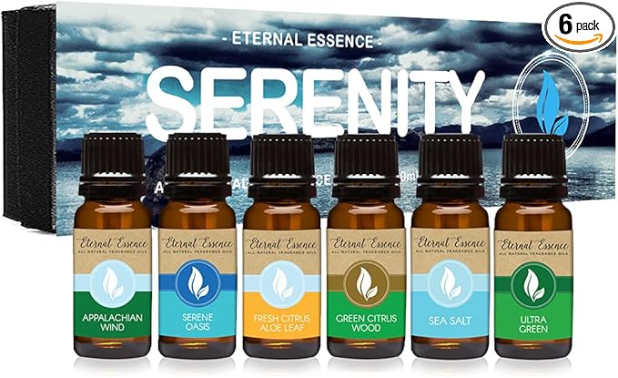 Eternal Essence Serenity Set of 6 Premium Fragrance Oils - Includes Ultra Green, Serene Oasis, Green Citrus Wood, Sea Salt, Appalachian Wind, and Fresh Citrus Aloe Leaf Scented Oils - 10ML