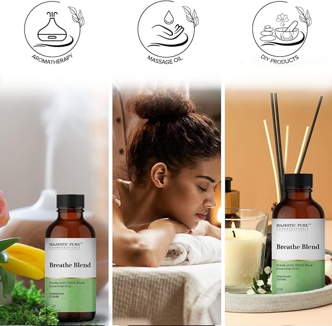 Majestic Pure Breathe Essential Oil Blend | 100% Pure Oil for Relaxation, Stress Relief | Orange, Lavender, Clary Sage Essential Oil for Diffusers & Aromatherapy | 1oz