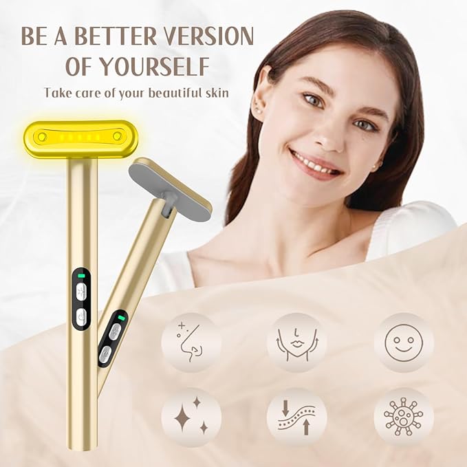 Red-Light-Therapy-Wand-for-Face, 7 Colors LED Light Therapy Wand Eye Facial Red & Blue Rejuvenation Tool, Face Massager, Golden