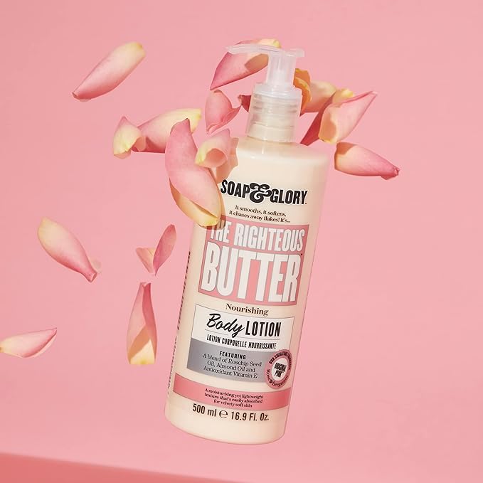 Soap & Glory Original Pink The Righteous Butter Moisturizing Body Lotion Pump - Shea Butter, Vitamin E & Aloe Vera Vegan Body Moisturizer - Rose & Bergamot Scented Lotion (500ml)