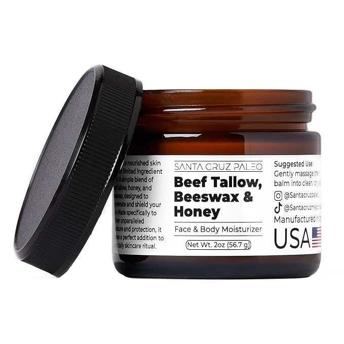 Santa Cruz Paleo Beef Tallow for Skin, Grass Finished & Grass Fed Beef Tallow and Honey Balm Body & Face Moisturizer, Organic Beeswax and Organic Honey, Light Scent, Moisturizing Natural Formula, 2 Oz