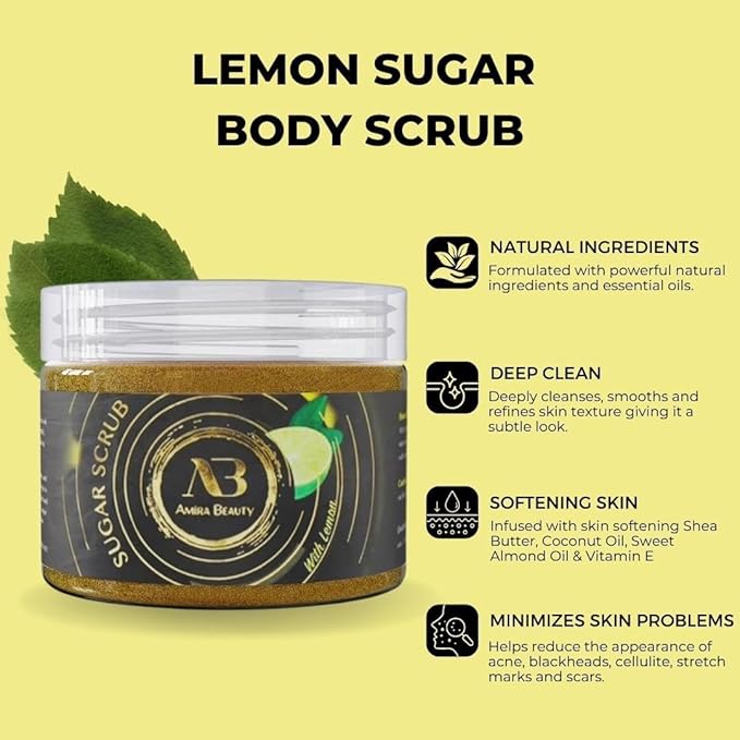 Amira Beauty Lemon Sugar Body Scrub Exfoliating Ultra Hydrating Moisturizing Scrub - Fights Cellulite & Stretch Marks (14oz)