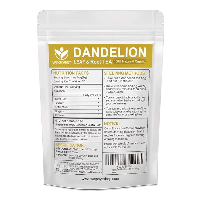 Organic Dandelion Leaf & Root Tea - Natural Dried Dandelion Herbal Tea for Liver Support, Antioxidant, Digestion and Immune Support, Caffeine Free - 30 Tea Bags