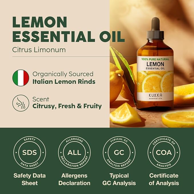 Kukka 100% Pure Lemon Essential Oil - 4 Fl Oz, Natural Fresh Lemon Scent for Diffuser, Aromatherapy, Skin Cleaning & DIY Soap Making - Ideal Mother's Day Gift for Relaxation & Self-Care