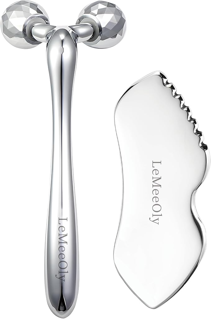 Gua Sha Facial Tools Stainless Steel & Face Roller Massager Skin Set, Metal Guasha Facial Roller Massage Tool Natural Skin Care for Face Neck Body, Reduce Puffiness Remove Wrinkles, Gift for Women