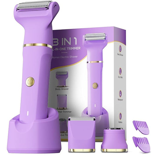 Bikini Trimmer 3 in 1 Electric Razor for Women - IPX7 Waterproof Wet & Dry Body Shaver, Pubic & Facial Hair Remover with Ceramic Blade, USB Rechargeable Dock & Gift Ready
