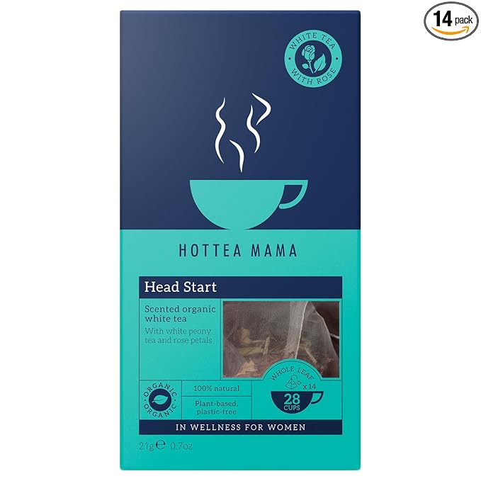 HOTTEA MAMA Head Start an Organic White Tea and Rose herbal blend | A Slow Release Caffeine Blend a l-theanine tea | Supporting Alertness & Brain fog | 14 Pyramid Sachets per box