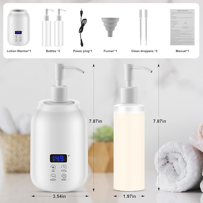Massage Oil Heater Warmer,with ℃/℉ Switchable Display, Two Oil Dispenser Bottle，Constant Temperature,Body Oils Heater for Spa, Salon and Barber Shops,White